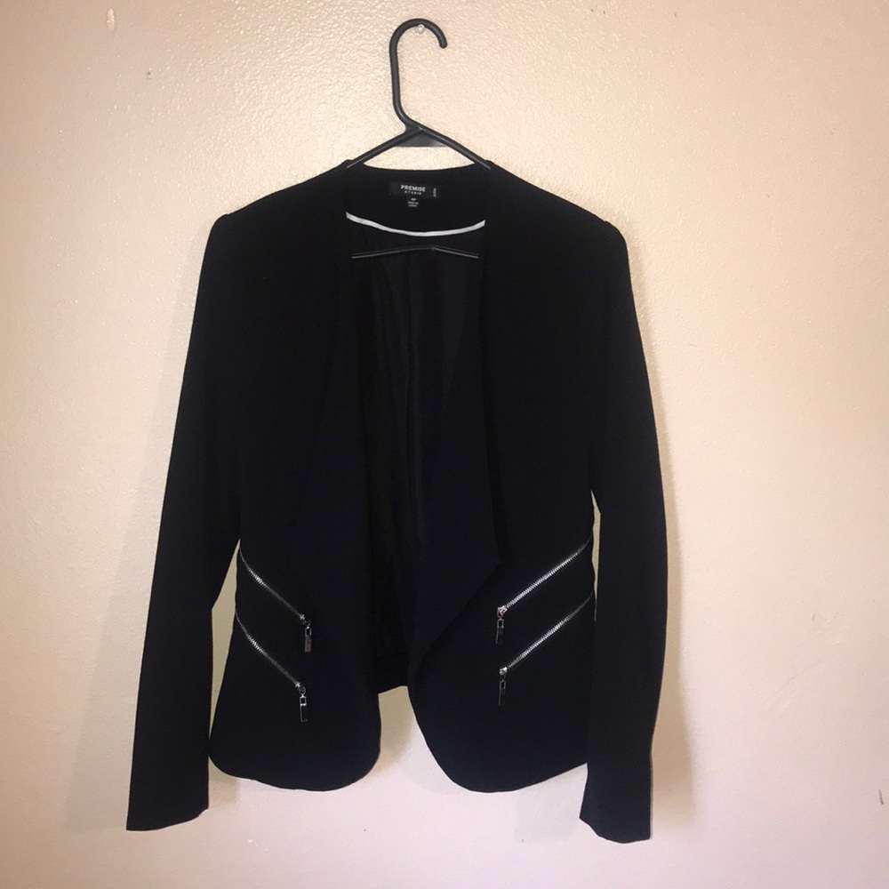 Open black blazer with faux zippers